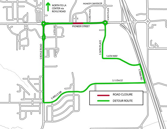 Detour map for October 20 closure on Pioneer Street.