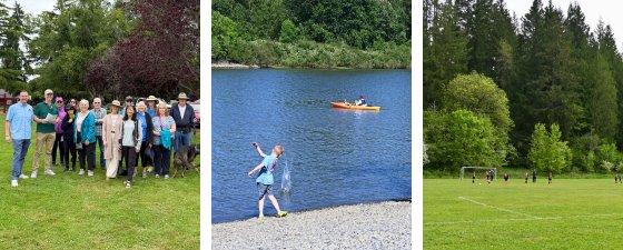 Image collage of a group meeting to walk together, a boy skipping a rock at Lake River, and kids playing soccer.