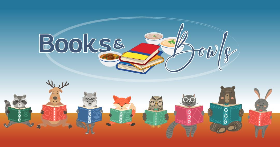 Text 'Books & Bowls' with 3 bowls around stacked books with animal characters reading books