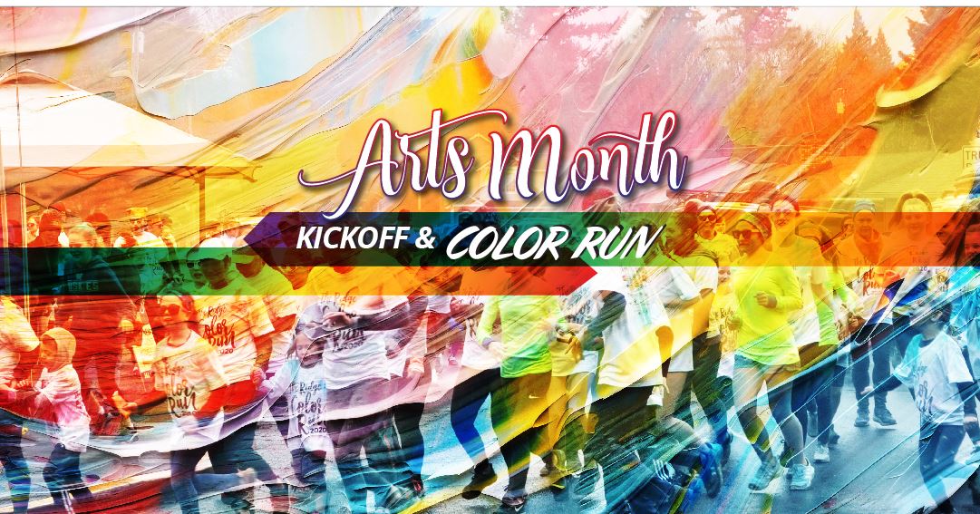 Group of runners with the text 'Arts Month Kickoff & Color Run'