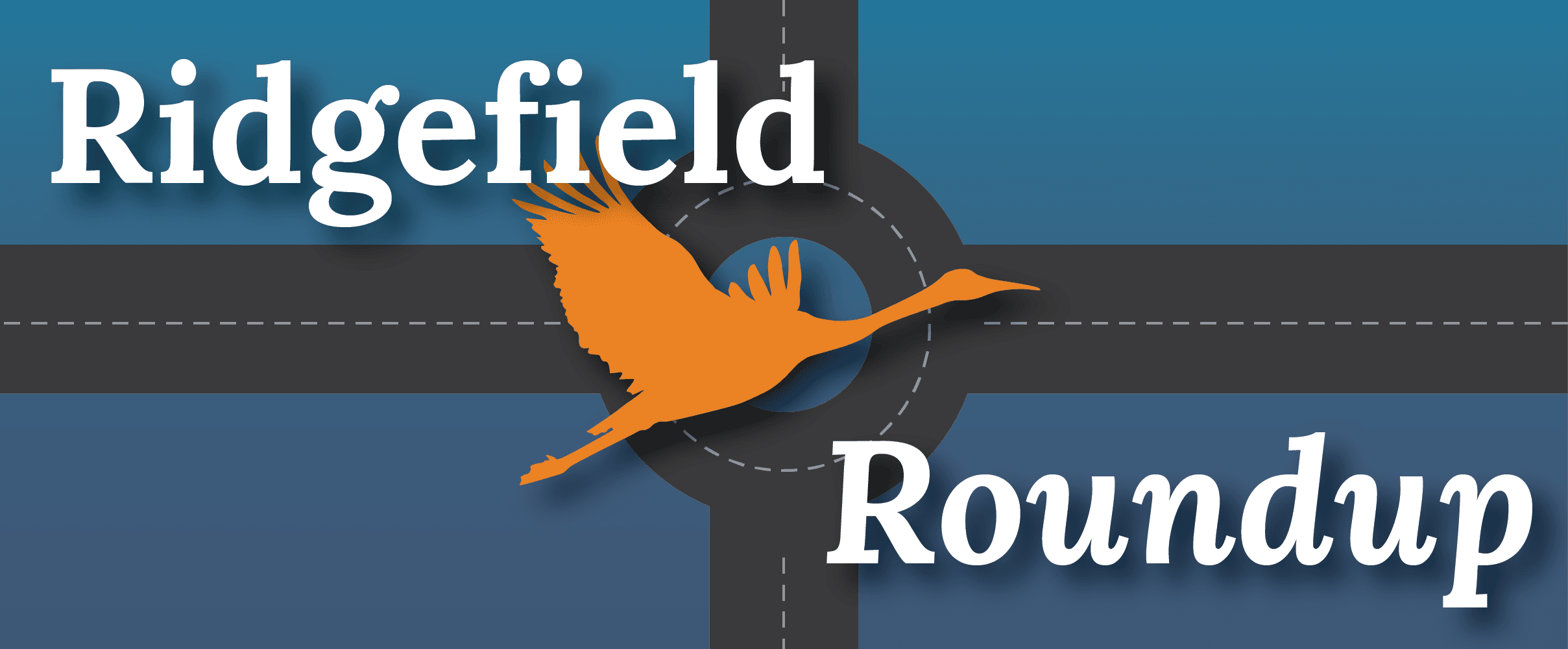 A roundabout with a sandhill crane and the text 'Ridgefield Round-Up'