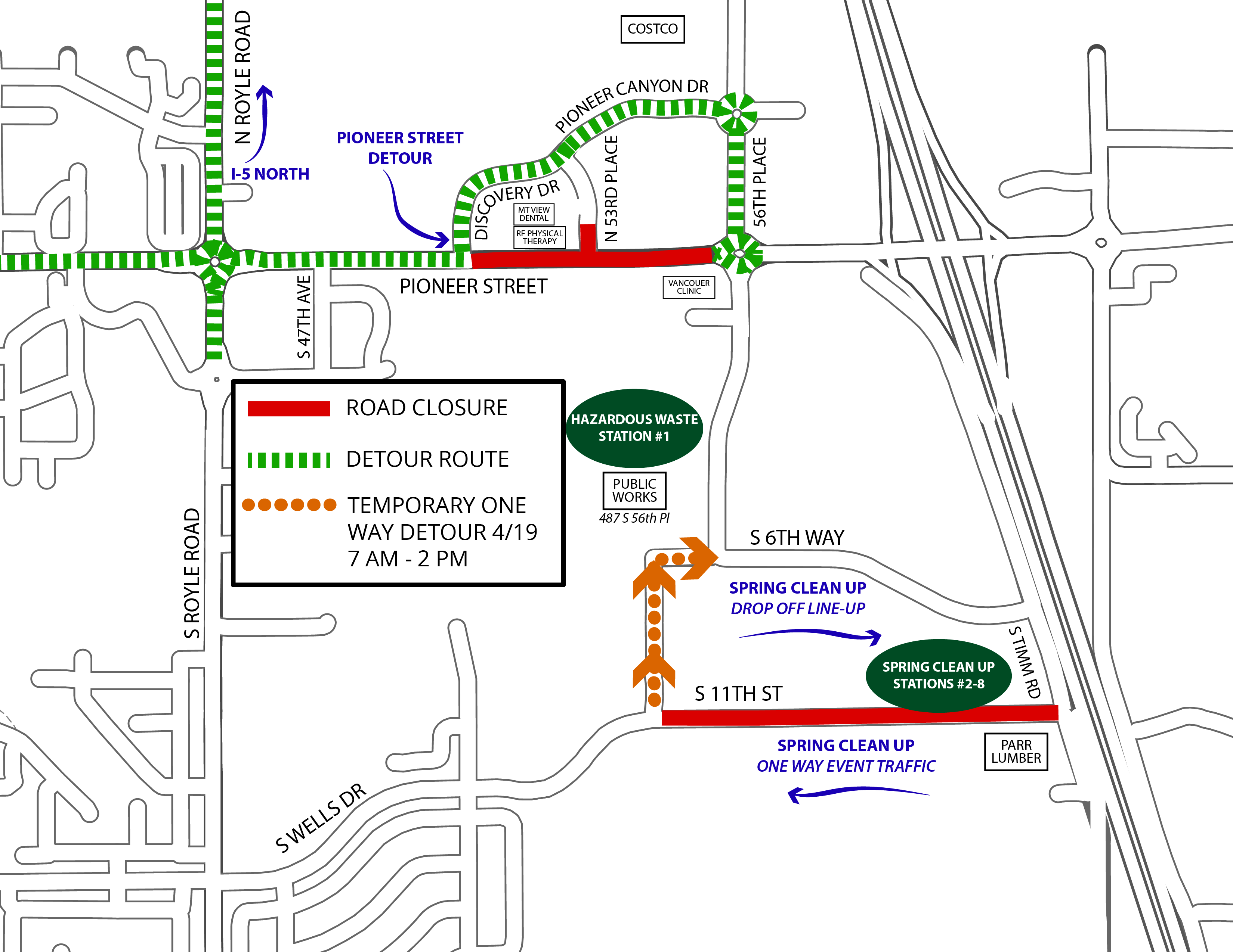 Traffic detour map for Spring Clean Up on Saturday, April 19 2025.