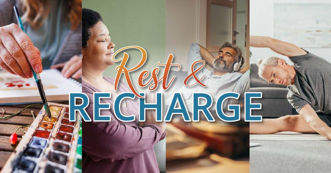 4 people completing restful activities, painting, yoga and stretching.