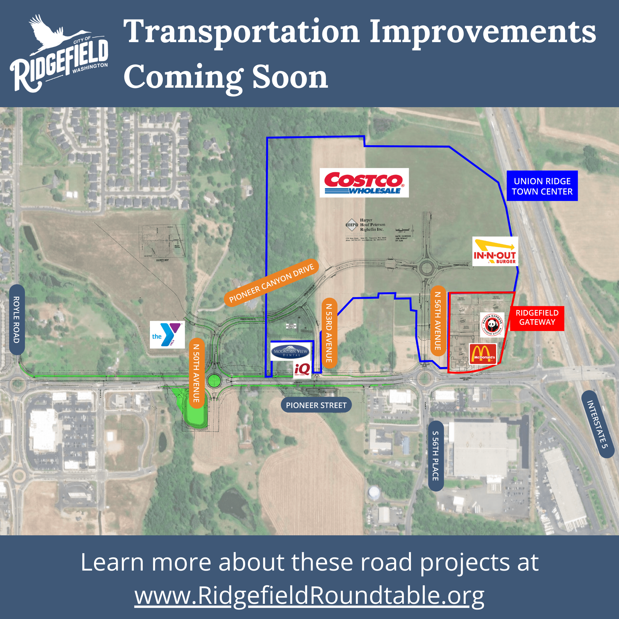 Aerial map of transportation improvements and businesses coming to Ridgefield.