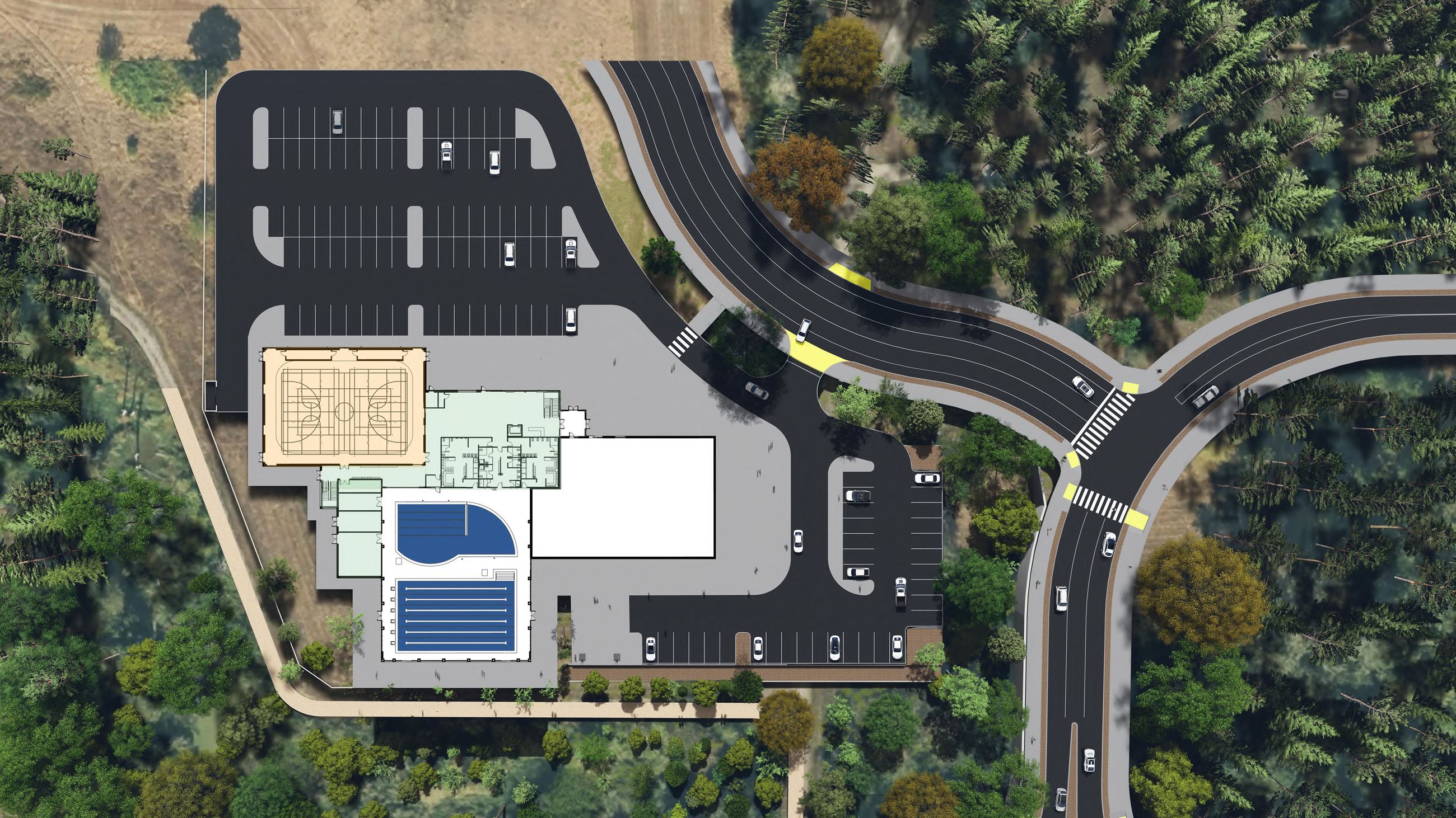Aerial project rendering with floor plan overlay showing building, parking, and adjacent roads.