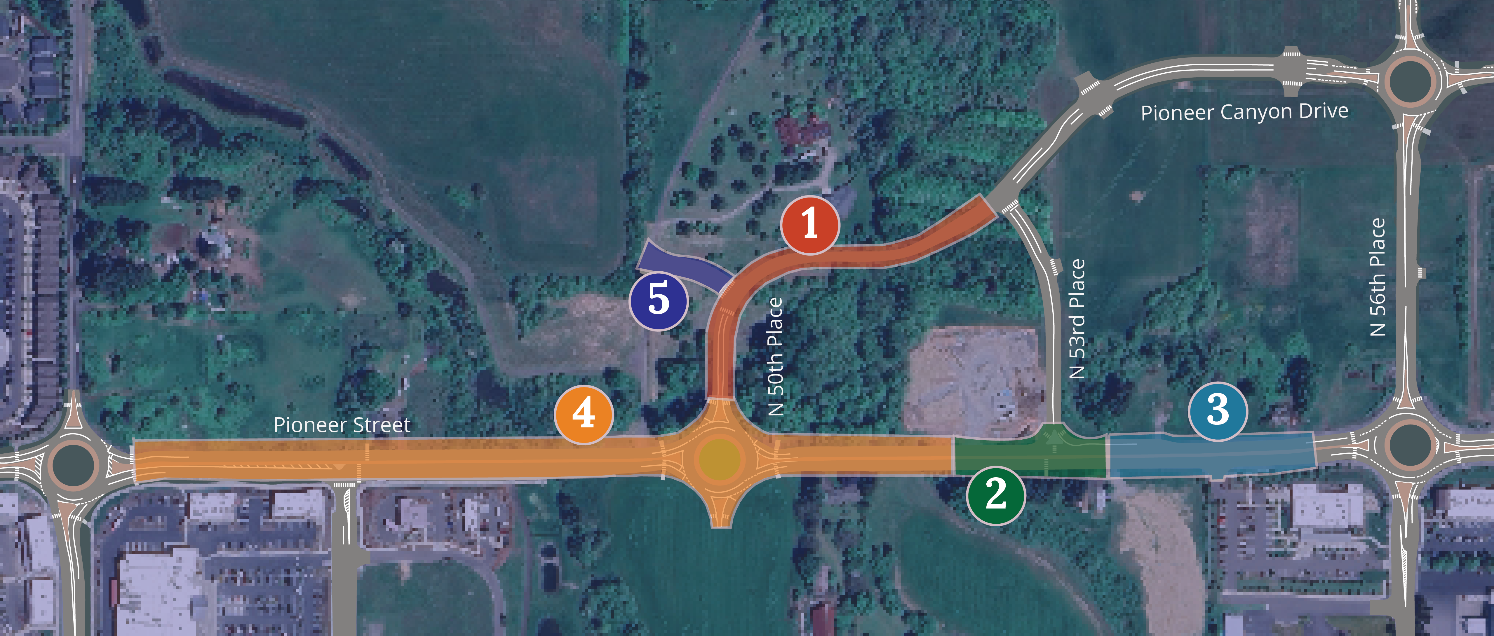 Map of the project area with color overlays for each phase of the project.