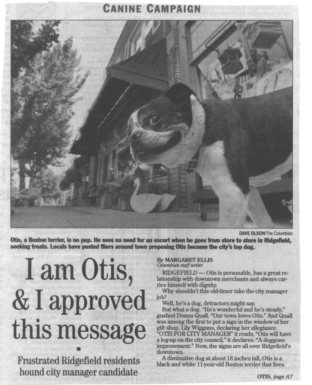 Newspaper clipping of article 'I am Otis, & I approved this message.'