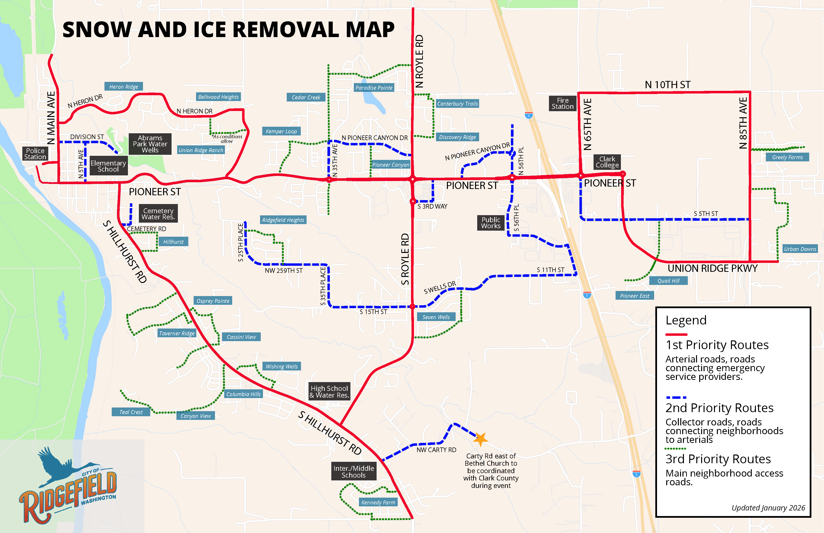 Map detailing Priority 1, 2, and 3 routes for city snow and ice removal. Opens in new window